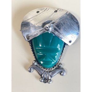 Vintage 925 Sterling Carved Green Onyx Mayan Tribal Warrior Brooch Pin Mexico